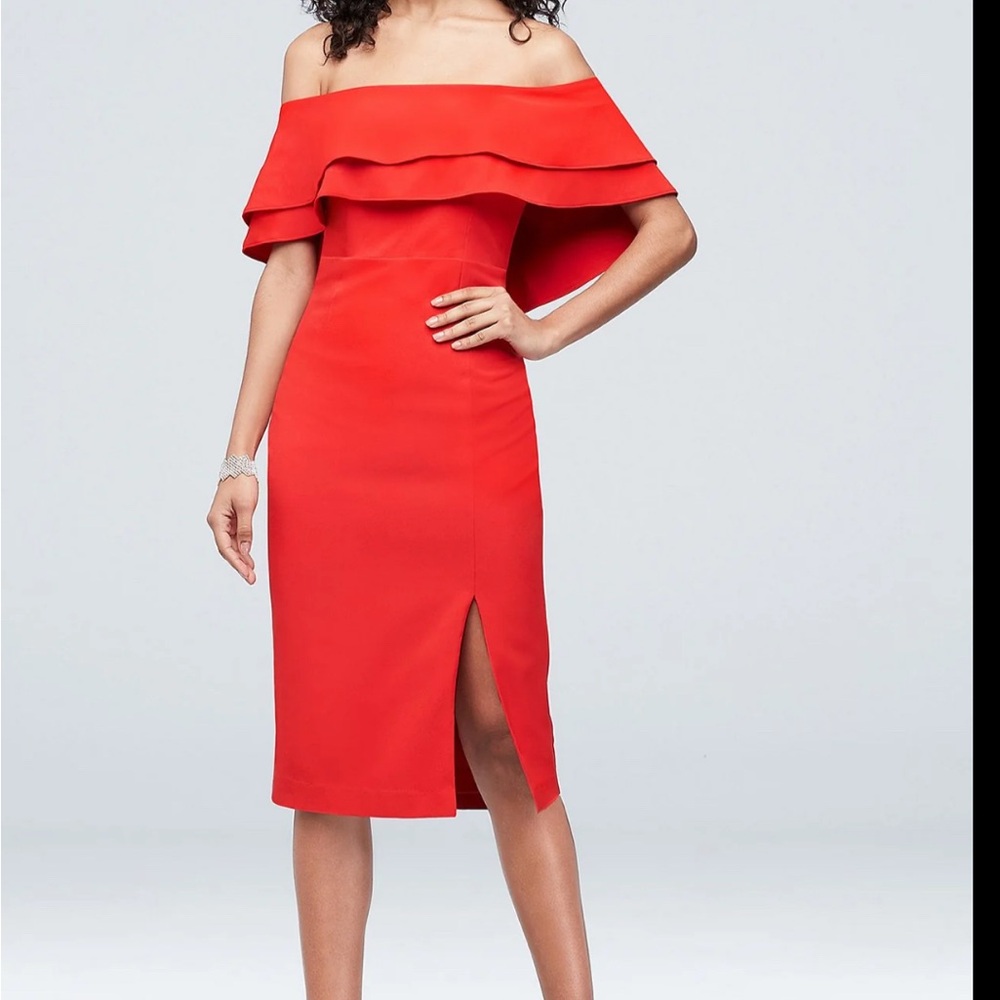 Flounced crepe off-the-shoulder sheath dress